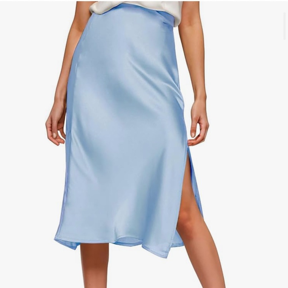 Blue satin skirt with slit